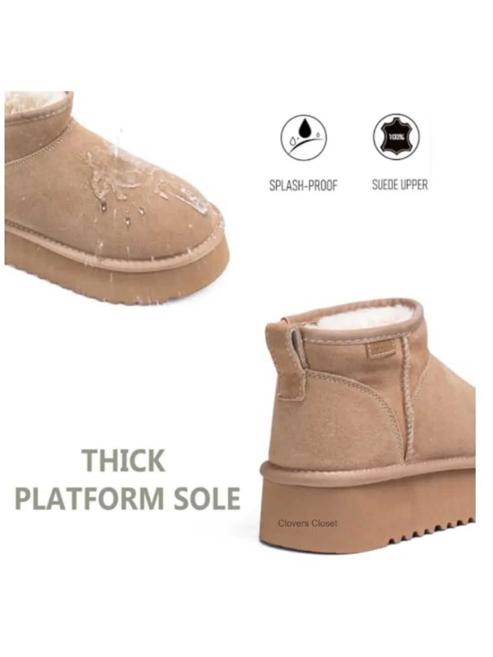 Women's Genuine Suede Platform Ankle Snow Boots with Wool Insole Pull-On Water